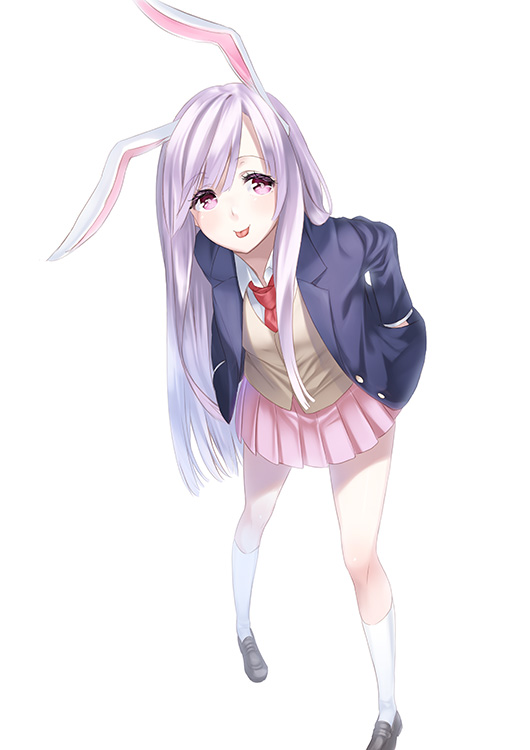:p animal_ears blazer blush bunny_ears extra_ears full_body hands_in_pockets jacket kyon_(fuuran) loafers long_hair necktie pink_eyes purple_hair red_neckwear reisen_udongein_inaba shoes simple_background skirt smile solo tongue tongue_out touhou white_background white_legwear