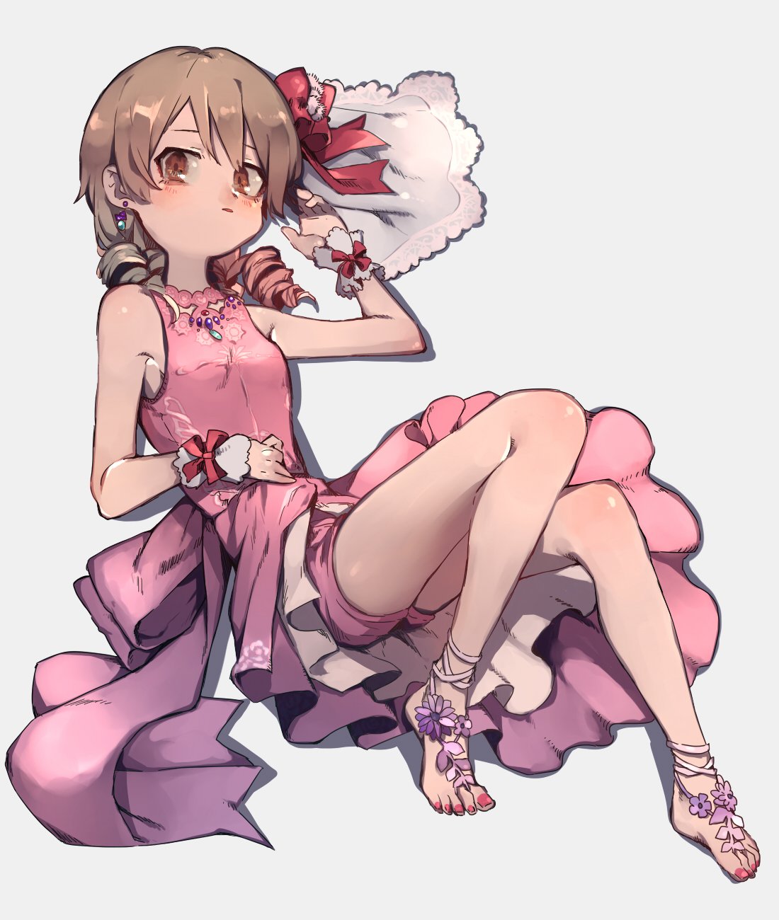 1girl bangs bare_legs bare_shoulders barefoot blush bow breasts brown_eyes commentary dress dress_bow drill_hair earrings full_body hair_bow hand_on_own_stomach highres idolmaster idolmaster_cinderella_girls jewelry leaning_back light_brown_hair looking_at_viewer morikubo_nono nail_polish pink_dress pink_nails ringlets shorts_under_dress sitting sleeveless sleeveless_dress small_breasts solo toenail_polish yoyoyo_(dxayo)