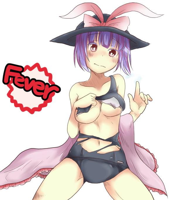 aoi_tobira blush cosplay frills hat hat_ribbon i-19_(kantai_collection) i-19_(kantai_collection)_(cosplay) kantai_collection nagae_iku namesake navel one-piece_swimsuit parody pointing purple_hair red_eyes ribbon school_swimsuit shawl solo swimsuit torn_clothes torn_swimsuit touhou