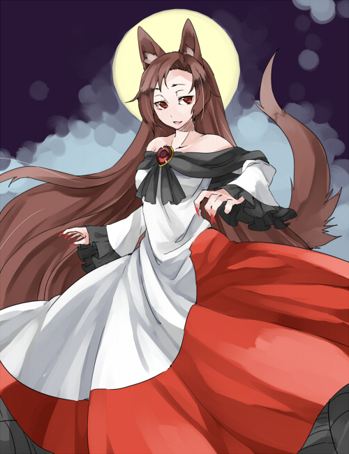 akagashi_hagane animal_ears bad_id bad_pixiv_id bare_shoulders brooch brown_hair dress fingernails full_moon imaizumi_kagerou jewelry long_hair long_sleeves moon night night_sky open_mouth red_eyes sky smile solo tail touhou very_long_hair wide_sleeves wolf_ears wolf_tail