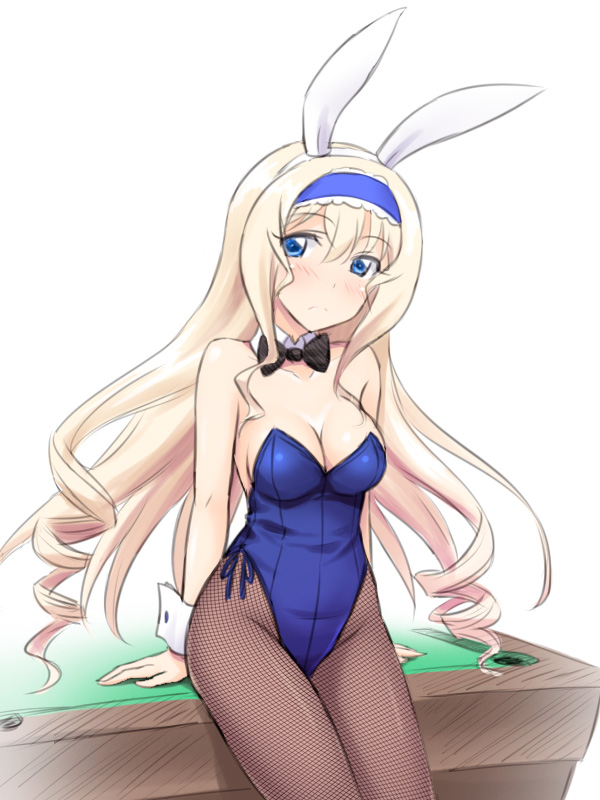 animal_ears bare_shoulders blonde_hair blue_eyes blue_hairband blue_leotard blush bow bowtie breasts bunny_ears bunnysuit cecilia_alcott cleavage detached_collar drill_hair fake_animal_ears fishnet_pantyhose fishnets hairband infinite_stratos large_breasts leotard long_hair looking_at_viewer masakichi_(crossroad) pantyhose pool_table solo wrist_cuffs