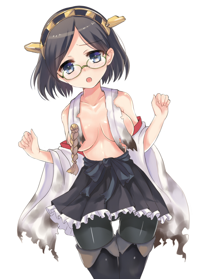 bad_id bad_pixiv_id black_hair blue_eyes blush breasts burnt_clothes detached_sleeves frilled_skirt frills glasses hairband harimoji kantai_collection kirishima_(kantai_collection) large_breasts looking_at_viewer nontraditional_miko open_mouth pantyhose short_hair skirt solo thighhighs torn_clothes white_background