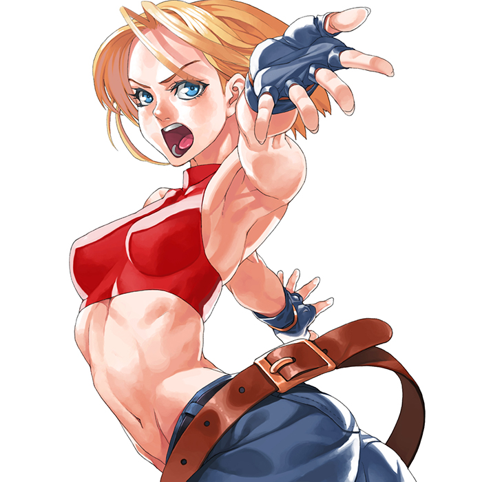 armpits ass belt blonde_hair blue_eyes blue_mary breasts cowboy_shot crop_top fatal_fury fingerless_gloves gloves halter_top halterneck medium_breasts midriff multiple_belts nose open_mouth outstretched_arms pants short_hair skin_tight solo takoyaki_neko-san the_king_of_fighters the_king_of_fighters_xi toned twisted_torso