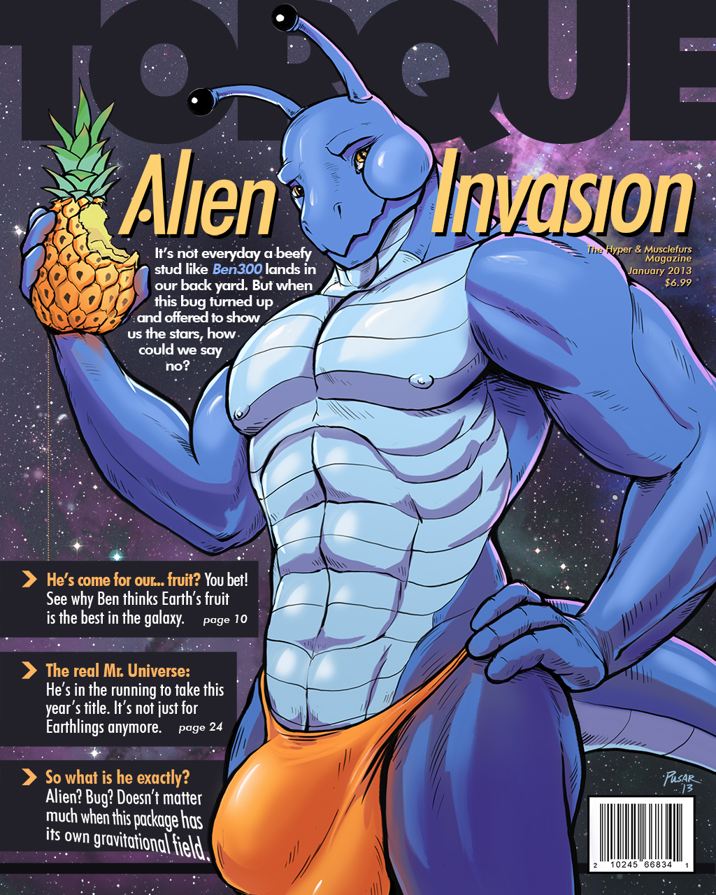abs alien antennae anthro arthropod ben300_(character) biceps big_muscles blue_skin bulge domo_(ben300) eating english_text food front fruit hand_on_hip holding insect looking_at_viewer magazine_cover male muscles nipples orange_eyes pecs pineapple pinup pose pulsar rubber scales shiny solo space standing text thong toned topless vein