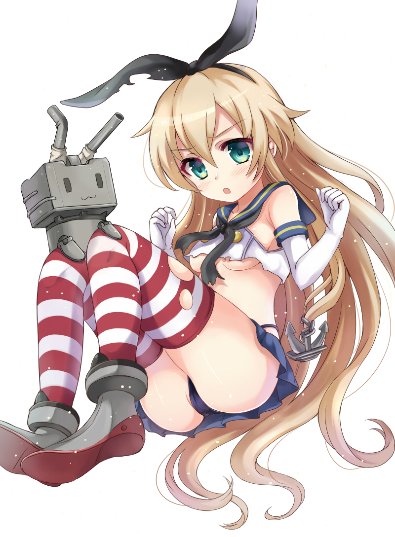 anchor bad_id bad_pixiv_id black_panties blonde_hair blush boots bow breasts elbow_gloves gloves green_eyes grey_footwear hair_bow hair_ornament hairband harimoji kantai_collection long_hair microskirt open_mouth panties pleated_skirt rensouhou-chan shimakaze_(kantai_collection) shirt skirt small_breasts solo striped striped_legwear thighhighs torn_clothes torn_legwear torn_shirt underboob underwear very_long_hair white_background white_gloves