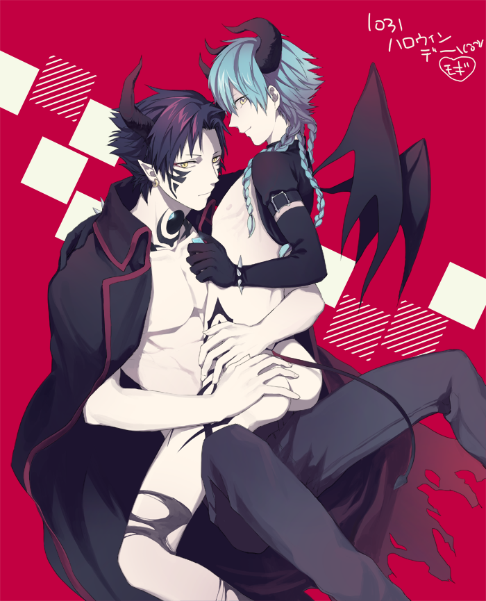 arm_around_neck arms_around_waist ass bad_id bad_pixiv_id black_gloves black_hair blue_hair bracelet braid clothed_male_nude_male demon_boy demon_tail demon_wings dramatical_murder earrings elbow_gloves facial_mark gloves horns incubus jacket_on_shoulders jewelry looking_at_viewer male_focus mogi_(green_tea_planet) multiple_boys multiple_braids nipples nude pants profile red_background ren_(dramatical_murder) seragaki_aoba shirtless sitting sitting_on_lap sitting_on_person smile spiked_bracelet spikes straddling tail tattoo toned toned_male torn_clothes upright_straddle wings yaoi yellow_eyes