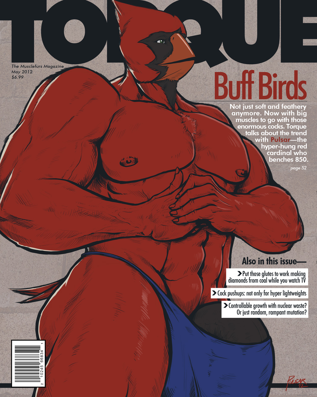 anthro avian beak biceps big_muscles big_penis bird black_penis bulge chest_tuft english_text feathers fur green_eyes half-erect huge_penis hyper magazine_cover male muscles nipples pecs penis pose presenting pulsar pulsar_(character) red_body red_nipples sheath solo standing text thick_penis thing thong toned topless tuft vein