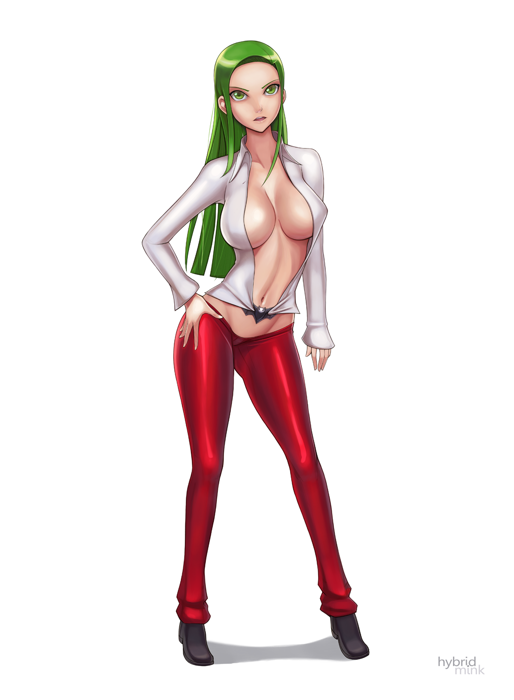 1girl alternate_costume alternate_hairstyle breasts capcom green_eyes green_hair highres hips hybridmink knees large_breasts legs long_hair midriff morrigan_aensland mound_of_venus navel open_clothes open_shirt pants shirt shoes solo vampire_(game) white_background