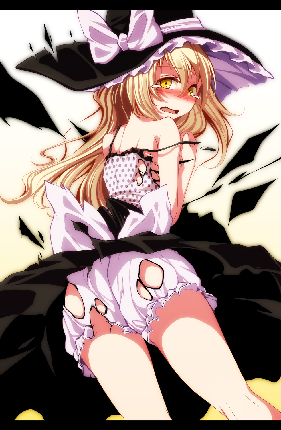 bad_id bad_pixiv_id blonde_hair bloomers camisole exploding_clothes hat highres kirisame_marisa long_hair open_mouth polka_dot s-syogo solo tears torn_clothes touhou underwear wavy_mouth witch_hat yellow_eyes
