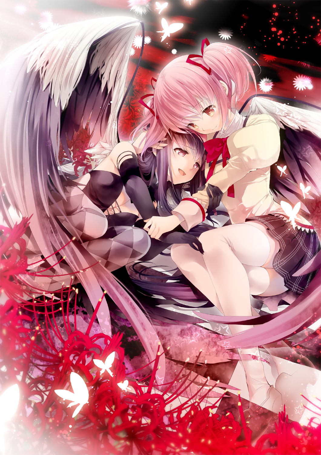 :d akemi_homura akuma_homura arm_holding bare_shoulders black_eyes black_gloves black_hair bow brown_eyes bug butterfly checkered checkered_floor checkered_legwear dutch_angle elbow_gloves flower gloves hair_ribbon hand_on_head highres hug insect kaname_madoka kotoji loafers long_hair mahou_shoujo_madoka_magica mahou_shoujo_madoka_magica_movie multiple_girls open_mouth pink_hair ribbon school_uniform shoes skirt smile spider_lily spoilers thighhighs twintails white_legwear wings yuri