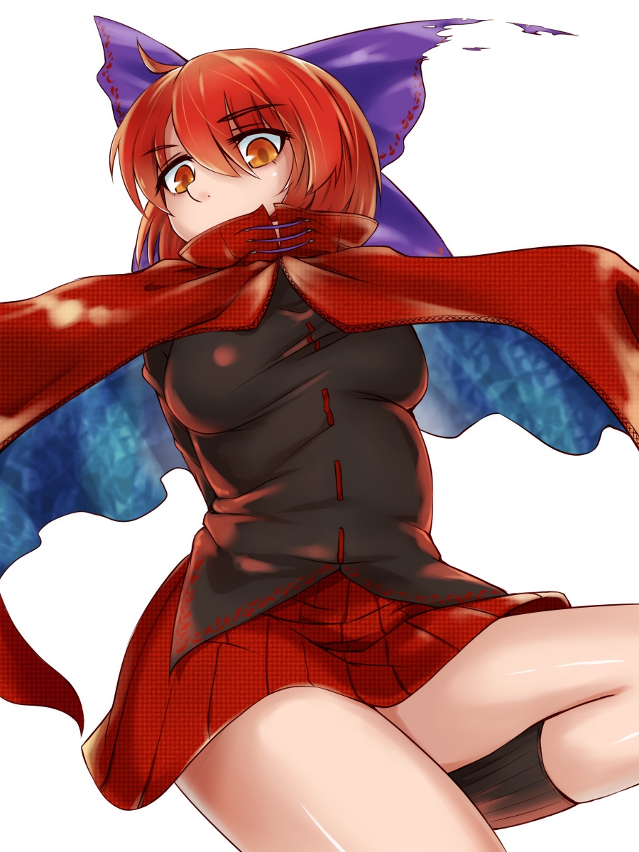 arm_support bow breasts cape hair_bow highres leaning_back long_sleeves medium_breasts miniskirt pleated_skirt red_eyes red_hair red_skirt sanagi_(diohazard) sekibanki short_hair simple_background skirt solo touhou white_background