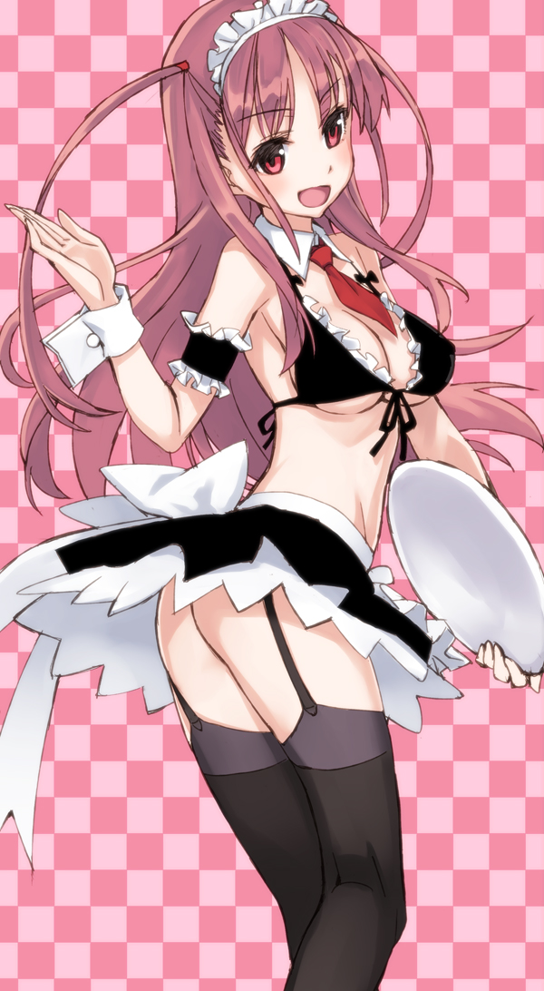 :d apron arm_garter ass atarashi_ako bikini_top black_legwear blush breasts checkered checkered_background cleavage detached_collar flat_ass front-tie_top garter_straps headdress large_breasts long_hair looking_at_viewer looking_back maid_bikini matsuryuu necktie open_mouth red_eyes red_hair saki saki_achiga-hen skirt smile solo thighhighs tray twintails twisted_torso two_side_up waitress wrist_cuffs
