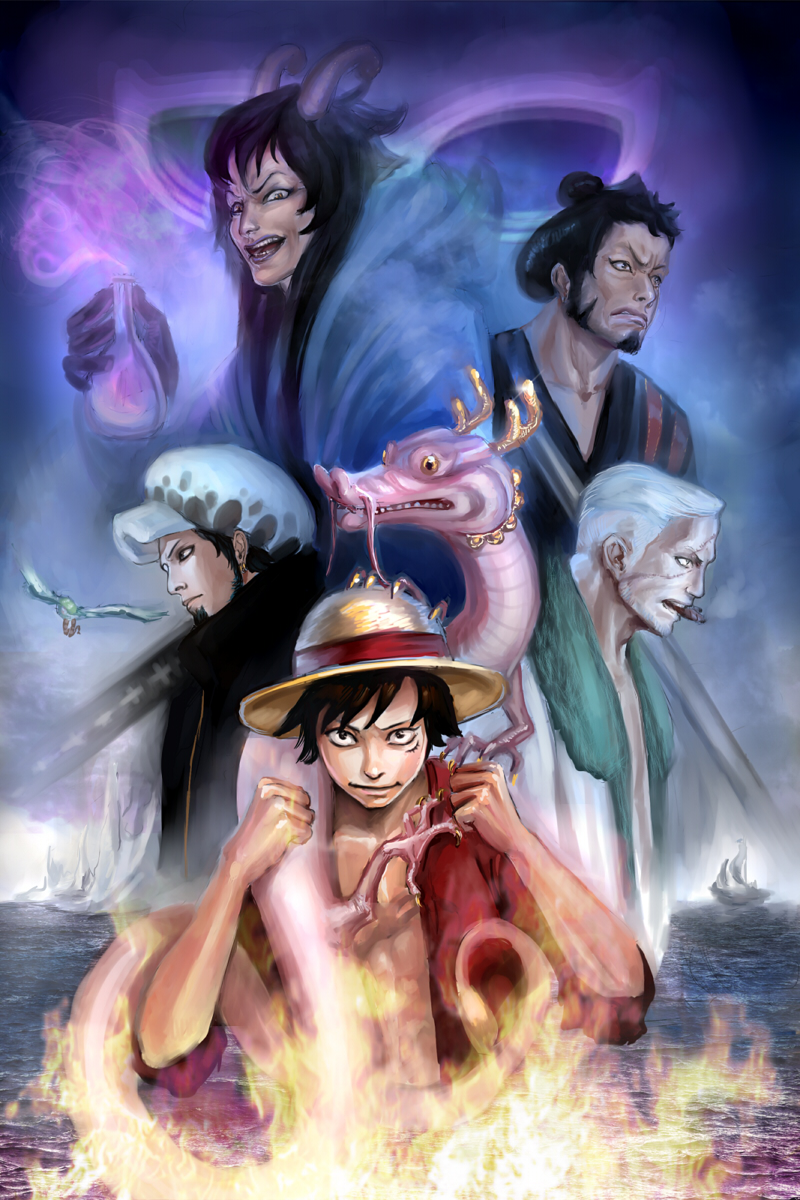 aivelin bird black_hair caesar_clown cigar dragon earrings facial_hair father_and_son fire fur_trim hat highres horns jacket jewelry kinemon male_focus momonosuke_(one_piece) monkey_d_luffy multiple_boys one_piece open_clothes open_jacket open_shirt scar ship shirt smoker_(one_piece) smoking straw_hat sunglasses topknot trafalgar_law water watercraft white_hair yellow_sclera