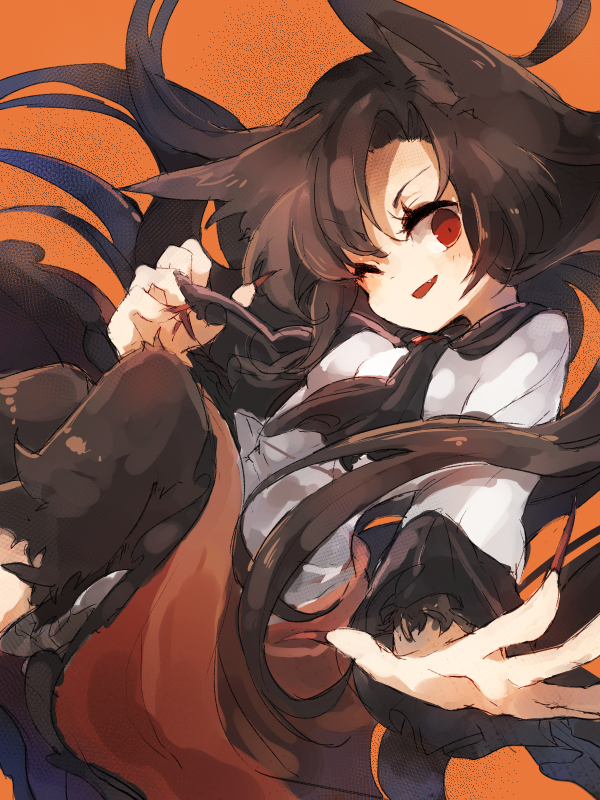 animal_ears ascot bloomers blush brown_hair dress fang fingernails hisona_(suaritesumi) imaizumi_kagerou leg_hair long_hair long_sleeves looking_at_viewer nail_polish one_eye_closed open_hand open_mouth orange_background outstretched_arm red_eyes simple_background sketch smile solo tail touhou underwear wolf_ears wolf_tail