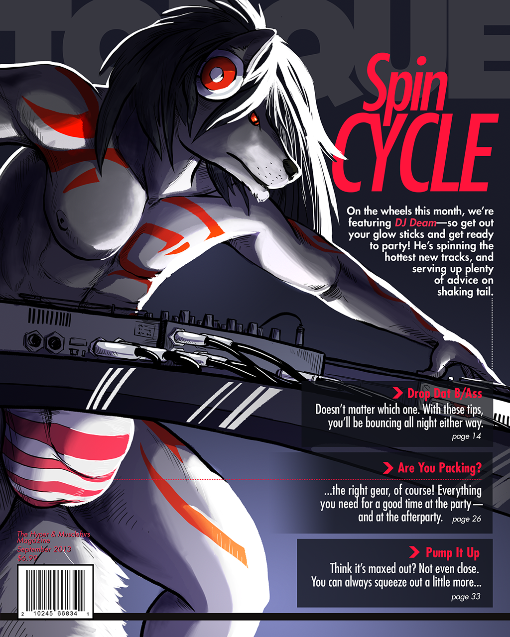 anthro biceps black_hair black_nose bodypaint bulge canine dj english_text fur grey_fur hair long_hair magazine_cover male mammal muscles nipples pecs pose pulsar red_eyes solo standing text thong topless white_hair wolf