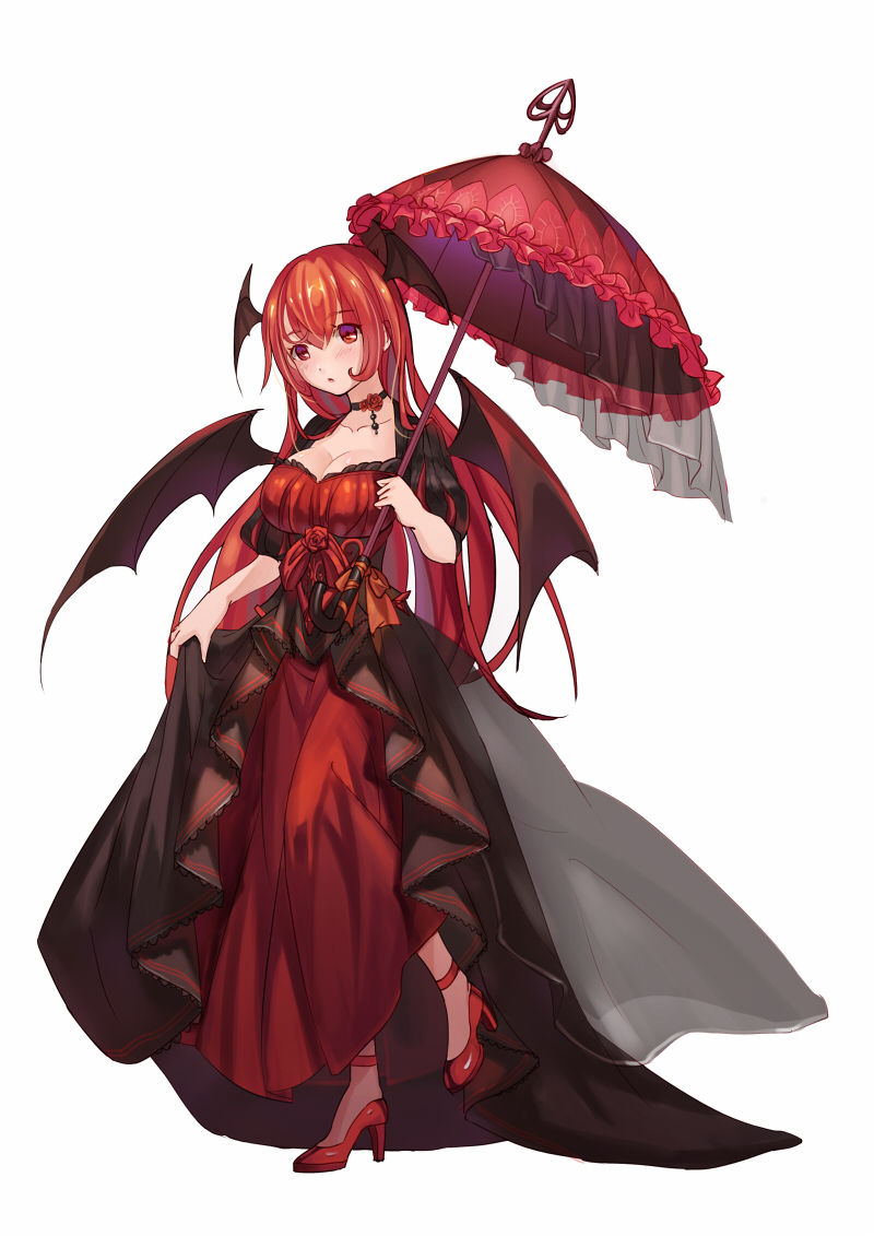 alternate_costume bat_wings blush breasts choker cleavage dress frills head_wings high_heels koakuma large_breasts long_hair looking_at_viewer mio-muo1206 multiple_wings parasol red_hair simple_background solo touhou umbrella white_background wings