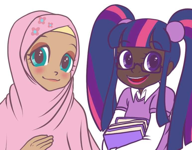 blue_eyes blush book dark_skin fluttershy glasses hijab humanization junk_(junko-tan) lips looking_at_viewer multicolored_hair multiple_girls my_little_pony my_little_pony_friendship_is_magic open_mouth personification pink_hair purple_eyes purple_hair simple_background smile twilight_sparkle twintails white_background
