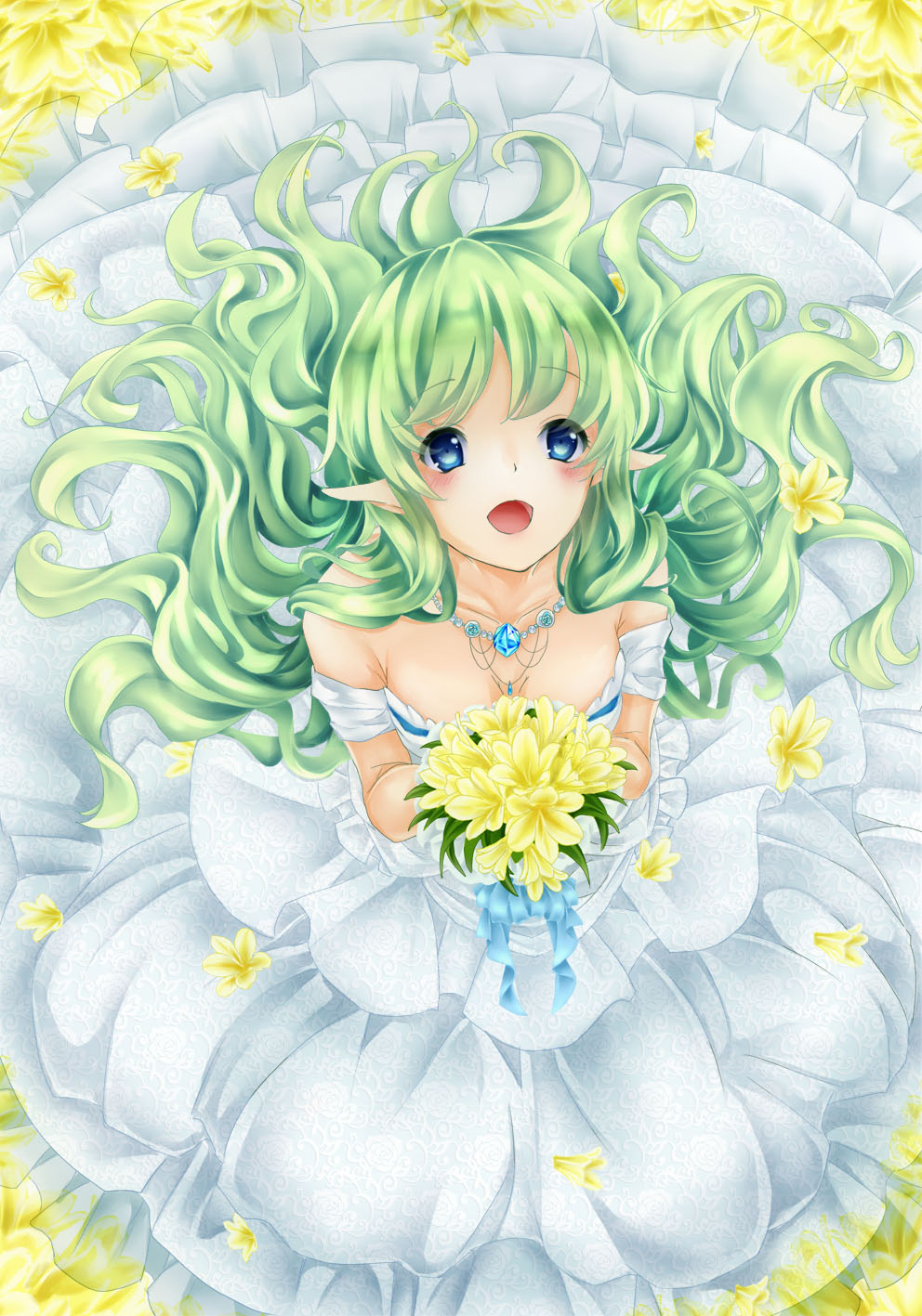 blue_eyes blush bouquet dress elf flower green_hair happy highres jewelry long_hair necklace open_mouth original pointy_ears solo