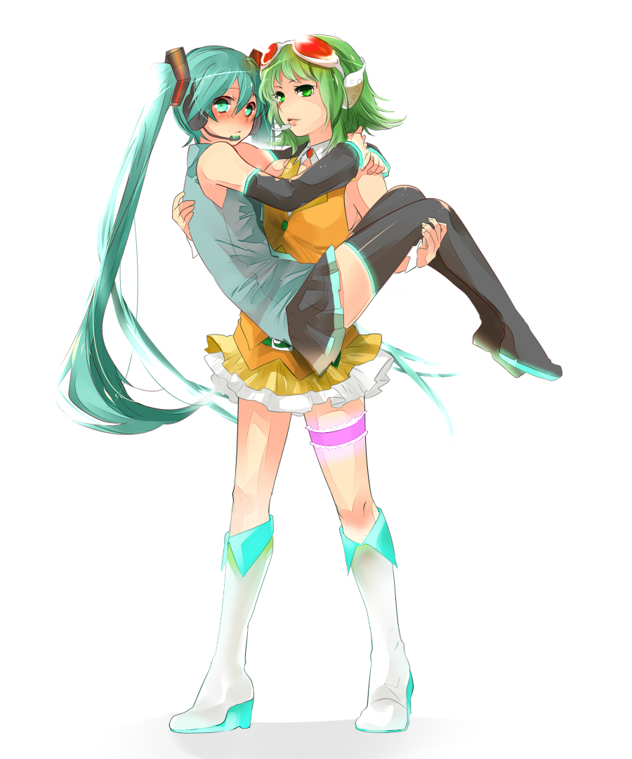 belt blush boots carrying detached_sleeves garters goggles goggles_on_head green_eyes green_hair gumi hatsune_miku headset knee_boots long_hair multiple_girls piku_(rilaedo) princess_carry skirt thigh_boots thighhighs twintails very_long_hair vocaloid white_background