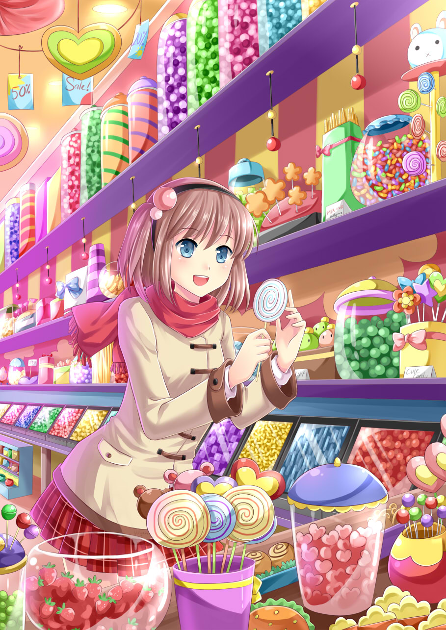 :d blue_eyes blush brown_hair candy coat cowboy_shot food fruit hairband hamburger highres jacket leaning lollipop long_sleeves open_mouth original plaid plaid_skirt pleated_skirt red_scarf red_skirt scarf shelf shop short_hair skirt smile solo standing strawberry sweets twintails villyane winter_clothes winter_coat