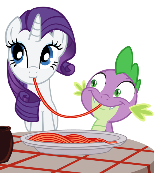 alpha_channel blue_eyes cat_eyes couple dragon duo equine eyeshadow fangs female feral friendship_is_magic green_eyes hair horn horse makeup male mammal my_little_pony plain_background pony purple_hair queencold rarity_(mlp) slit_pupils smile spaghetti spike_(mlp) table transparent_background unicorn