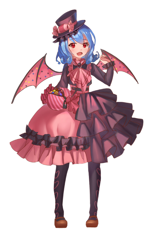 alternate_costume bag bat_wings black_legwear blue_hair dress fang full_body handbag hat long_sleeves looking_at_viewer mary_janes mio-muo1206 open_mouth pantyhose red_eyes remilia_scarlet shoes short_hair simple_background smile solo top_hat touhou white_background wings