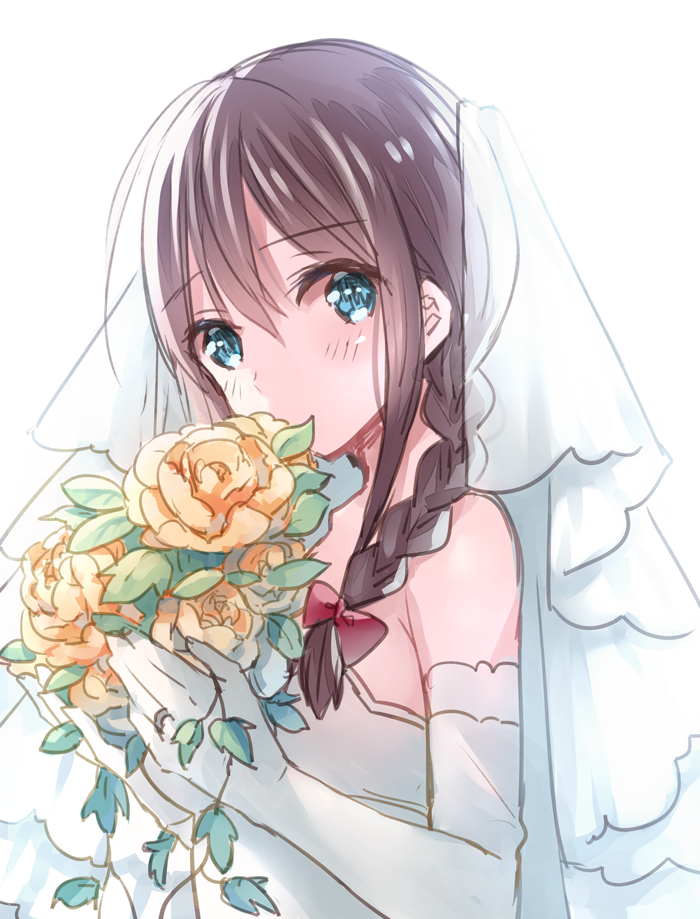 blue_eyes braid brown_hair dress elbow_gloves gloves hair_over_shoulder kantai_collection looking_at_viewer matsuha_shuu shigure_(kantai_collection) single_braid solo wedding_dress white_background white_gloves