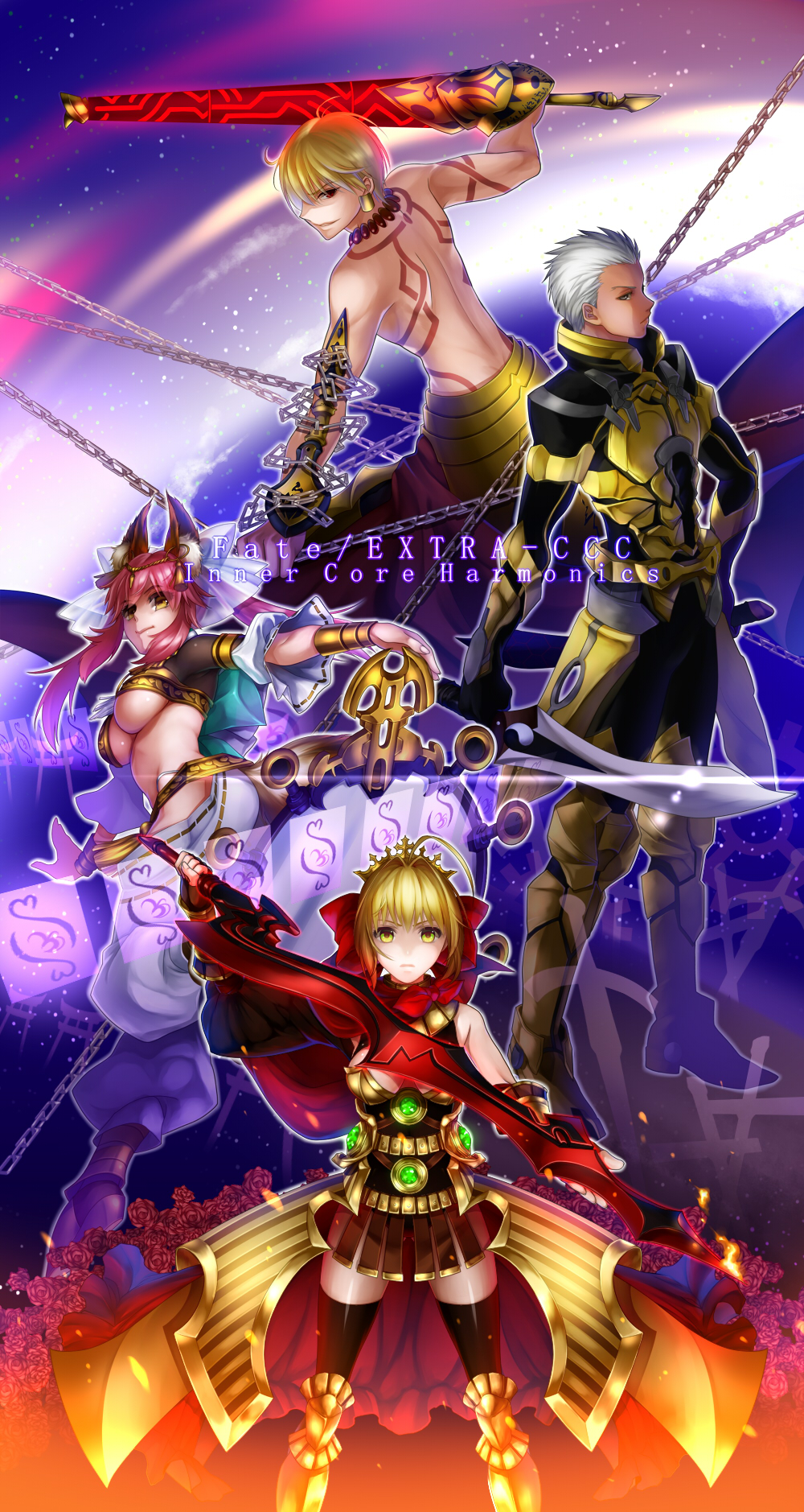 2girls aestus_estus alternate_costume archer arkray armor blonde_hair breasts chain dress ea_(fate/stay_night) enkidu_(weapon) fate/extra fate/extra_ccc fate_(series) gilgamesh highres kanshou_&amp;_bakuya large_breasts md5_mismatch multiple_boys multiple_girls mythology_mystic_code_of_emperor nero_claudius_(fate) nero_claudius_(fate)_(all) pink_hair sword tamamo_(fate)_(all) tamamo_no_mae_(fate) underboob weapon white_hair