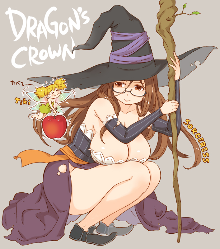 &gt;_&lt; apple bare_legs bare_shoulders bespectacled blonde_hair blush breasts brown_hair cleavage closed_eyes detached_sleeves dragon's_crown fairy fairy_wings flying_sweatdrops food fruit glasses hat huge_breasts large_breasts long_hair multiple_girls pointy_ears sorceress_(dragon's_crown) squatting staff takagi_hideaki tiki_(dragon's_crown) torn_clothes twintails wings witch_hat