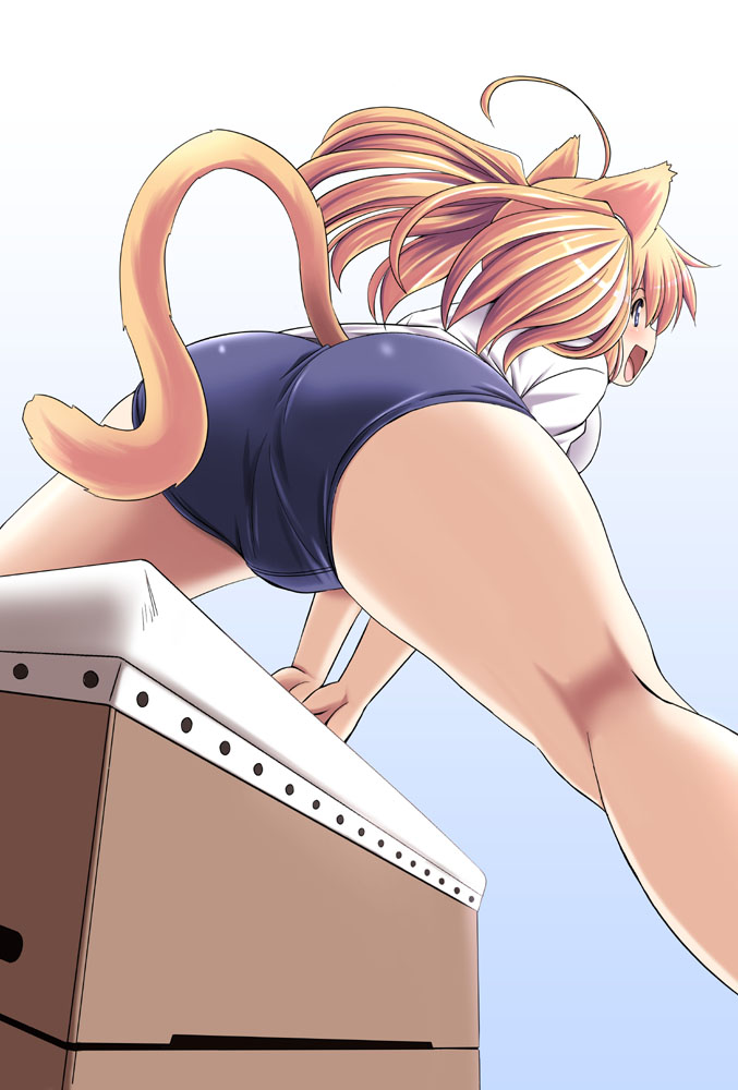 ahoge animal_ears ass blonde_hair blue_eyes blush buruma cat_ears cat_tail from_behind kneepits long_hair open_mouth original pudding_(tonpuu) solo tail tonpuu twintails vaulting_horse