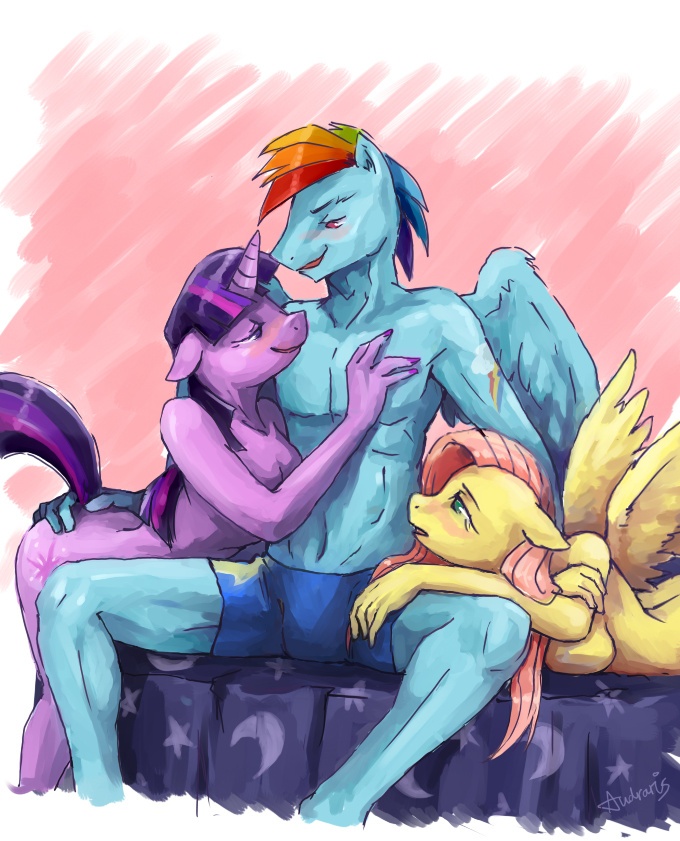 anthrofied audrarius bed blush crossgender equine female fluttershy_(mlp) friendship_is_magic group horn horse male mammal my_little_pony pegasus pony rainbow_dash_(mlp) tattoo twilight_sparkle_(mlp) unicorn wings
