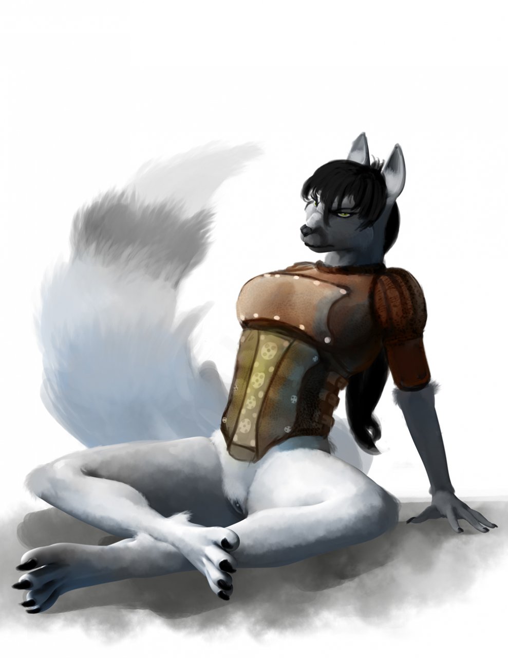 arm_support armor black_hair bottomless breastplate canine claws clothed clothing crossed_legs digitigrade female hair hattonslayden hindpaw mammal paws plain_background pussy sitting skimpy solo spread_legs spreading toes wolf
