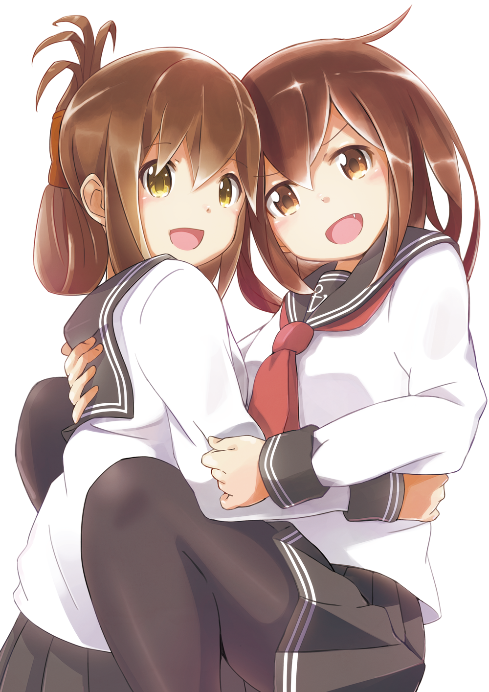 :d black_legwear blush brown_eyes brown_hair fang folded_ponytail hair_ornament hairclip highres hug ikazuchi_(kantai_collection) inazuma_(kantai_collection) kantai_collection long_sleeves looking_at_viewer multiple_girls open_mouth pantyhose school_uniform serafuku short_hair skirt smile suzumeko