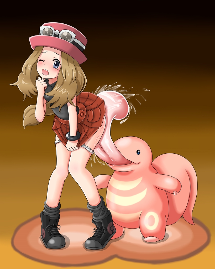 bent_over bestiality blue_eyes blush boots brown_hair collared_shirt covering covering_crotch creature cunnilingus fataris gen_1_pokemon hat knees_together_feet_apart licking lickitung long_hair one_eye_closed open_mouth oral panties panty_pull pokemon pokemon_(creature) pokemon_(game) pokemon_xy serena_(pokemon) shirt skirt standing sunglasses tears underwear white_panties