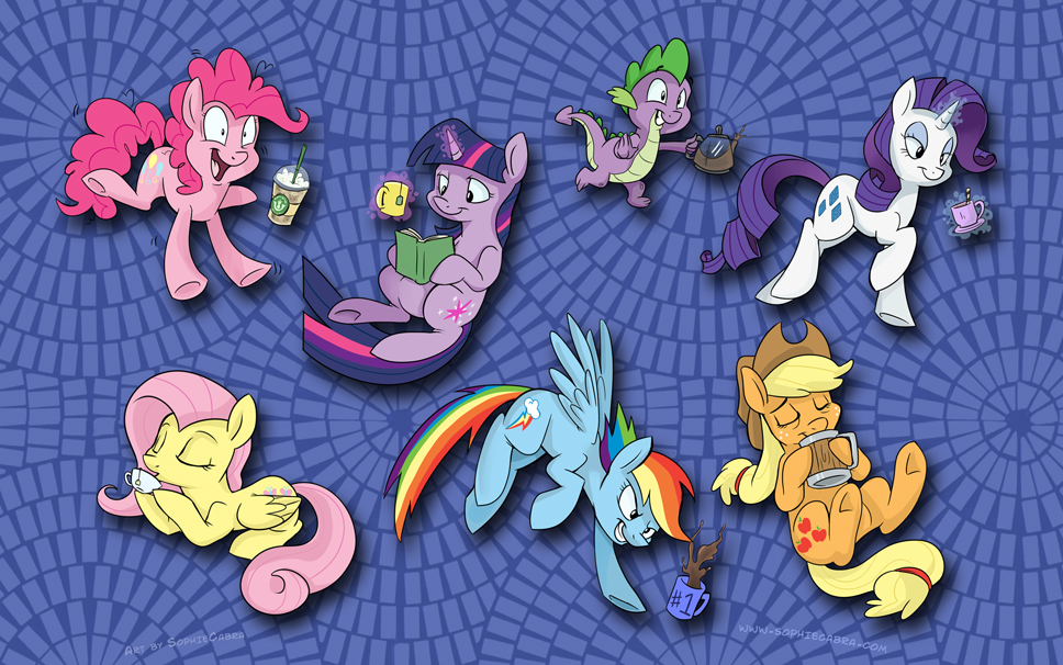 2013 abstract_background applejack_(mlp) blonde_hair book coffee cowboy_hat cup cutie_mark dragon drinking equine excited eyes_closed female feral fluttershy_(mlp) freckles friendship_is_magic glowing group hair hat horse levitation magic male mammal mug multi-colored_hair my_little_pony pink_hair pinkie_pie_(mlp) pony purple_hair rainbow_dash_(mlp) rainbow_hair rarity_(mlp) reading running sophiecabra sparkles spike_(mlp) starbucks straw tea tea_bag twilight_sparkle_(mlp)