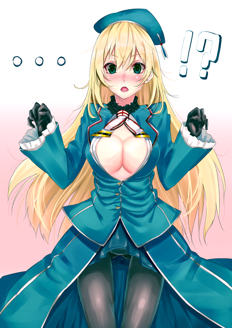 1girl atago_(kantai_collection) blonde_hair blue_eyes blush breasts cleavage hat kantai_collection large_breasts long_hair looking_at_viewer mikan_(chipstar182) military_jacket panties panties_under_pantyhose pantyhose pantyshot pantyshot_(standing) solo standing surprised thigh_gap underwear