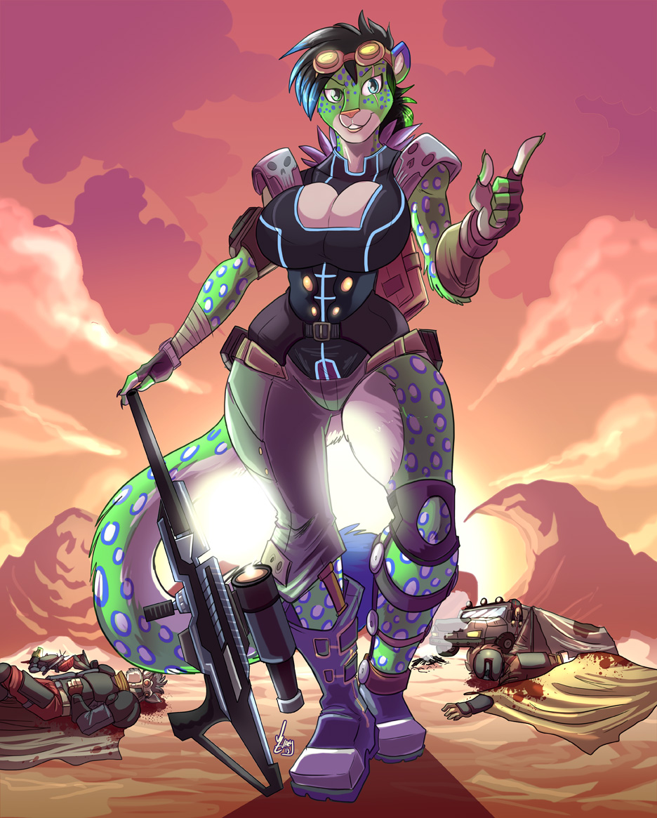 blood blue_eyes borderlands breasts feline female fur green_eyes green_fur gun heterochromia jaeh looking_at_viewer mammal pink_nose ranged_weapon smile tan_fur weapon