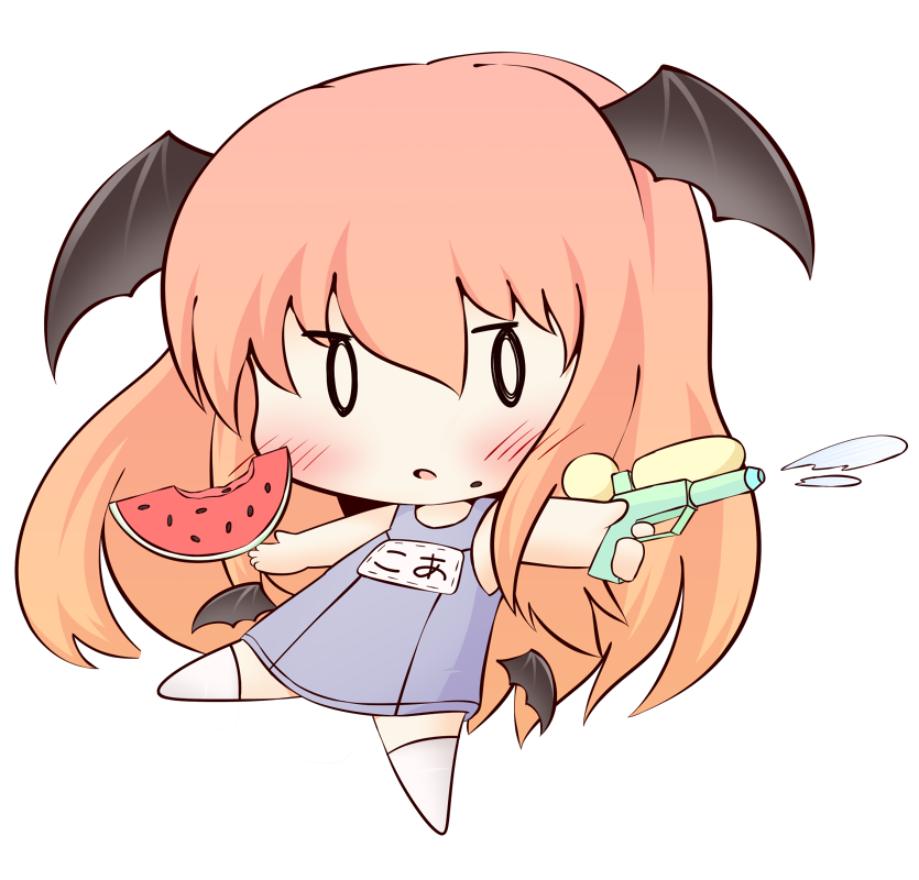 1girl :o bad_id bad_pixiv_id bat_wings blush chibi detached_wings food food_on_face fruit full_body head_wings koakuma long_hair low_wings one-piece_swimsuit red_hair school_swimsuit simple_background solo standing standing_on_one_leg swimsuit touhou uruc very_long_hair water_gun watermelon white_background wings