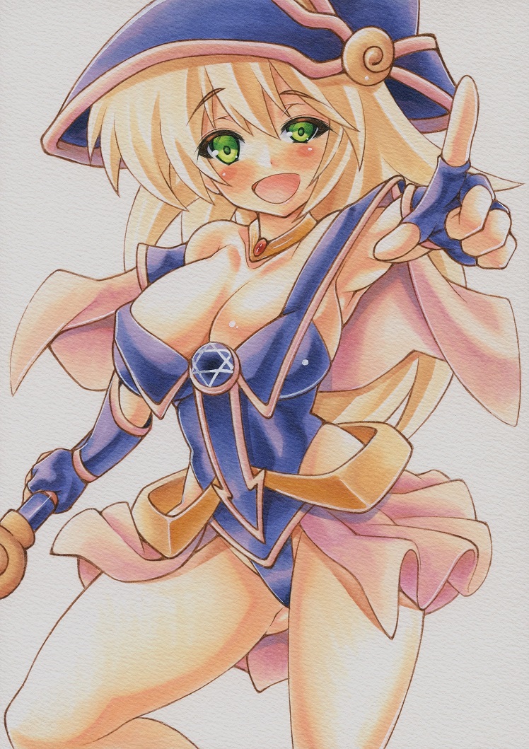 :d blonde_hair blue_leotard breasts cleavage dark_magician_girl duel_monster fingerless_gloves gloves green_eyes hat hexagram large_breasts leotard looking_at_viewer open_mouth simple_background smile solo traditional_media white_background witch_hat yutakasan-love yuu-gi-ou