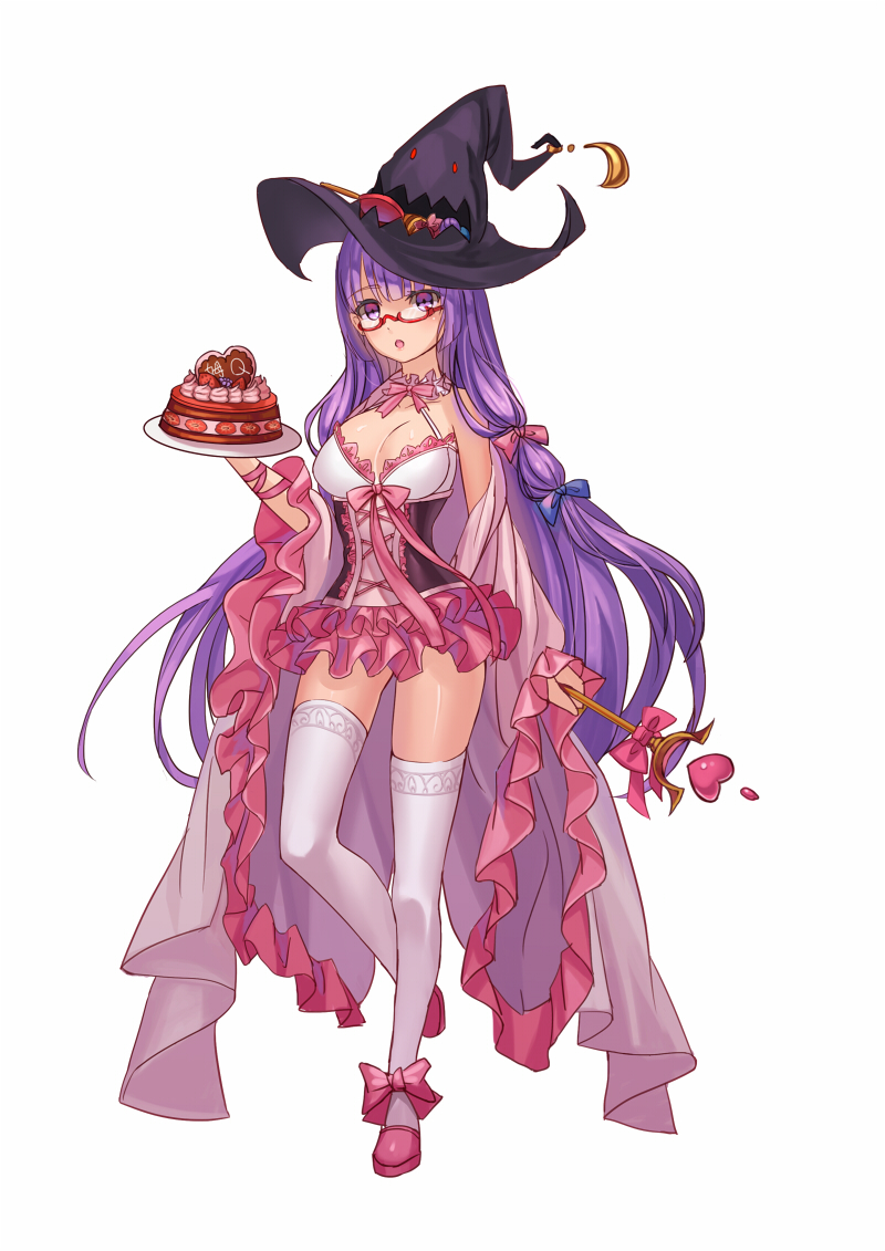 alternate_costume bespectacled breasts cake candy choker cleavage corset food glasses hat large_breasts long_hair looking_at_viewer mio-muo1206 patchouli_knowledge purple_eyes purple_hair red-framed_eyewear semi-rimless_eyewear simple_background skirt solo thighhighs touhou under-rim_eyewear wand white_background white_legwear witch_hat zettai_ryouiki