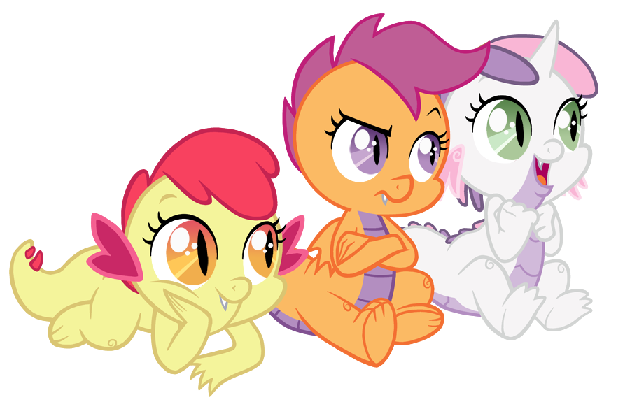alpha_channel amber_eyes apple_bloom_(mlp) cat_eyes cub cutie_mark_crusaders_(mlp) dragon fangs female friendship_is_magic green_eyes group hair horn lying my_little_pony on_front pink_hair plain_background purple_eyes purple_hair queencold red_hair scootaloo_(mlp) sitting slit_pupils sweetie_belle_(mlp) transparent_background two_tone_hair wings young