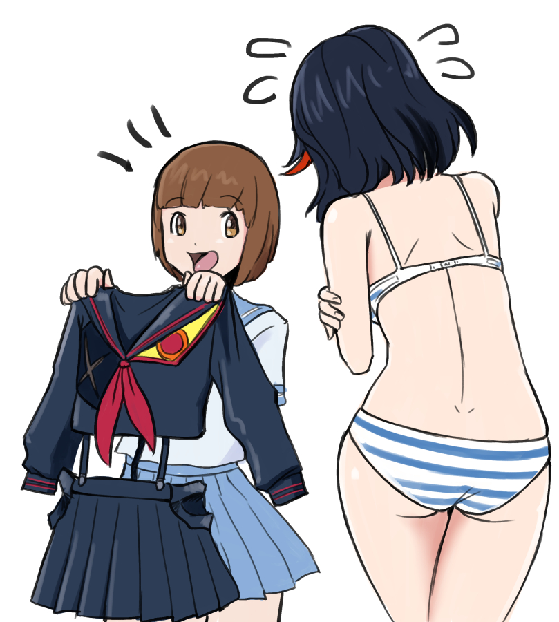 ass black_hair blue_sailor_collar blue_skirt bob_cut bra brown_eyes brown_hair clothes_removed embarrassed holding_clothes kill_la_kill mankanshoku_mako matoi_ryuuko multicolored_hair multiple_girls open_mouth panties raybar sailor_collar school_uniform senketsu serafuku short_hair skirt smile striped striped_panties suspenders two-tone_hair underwear underwear_only