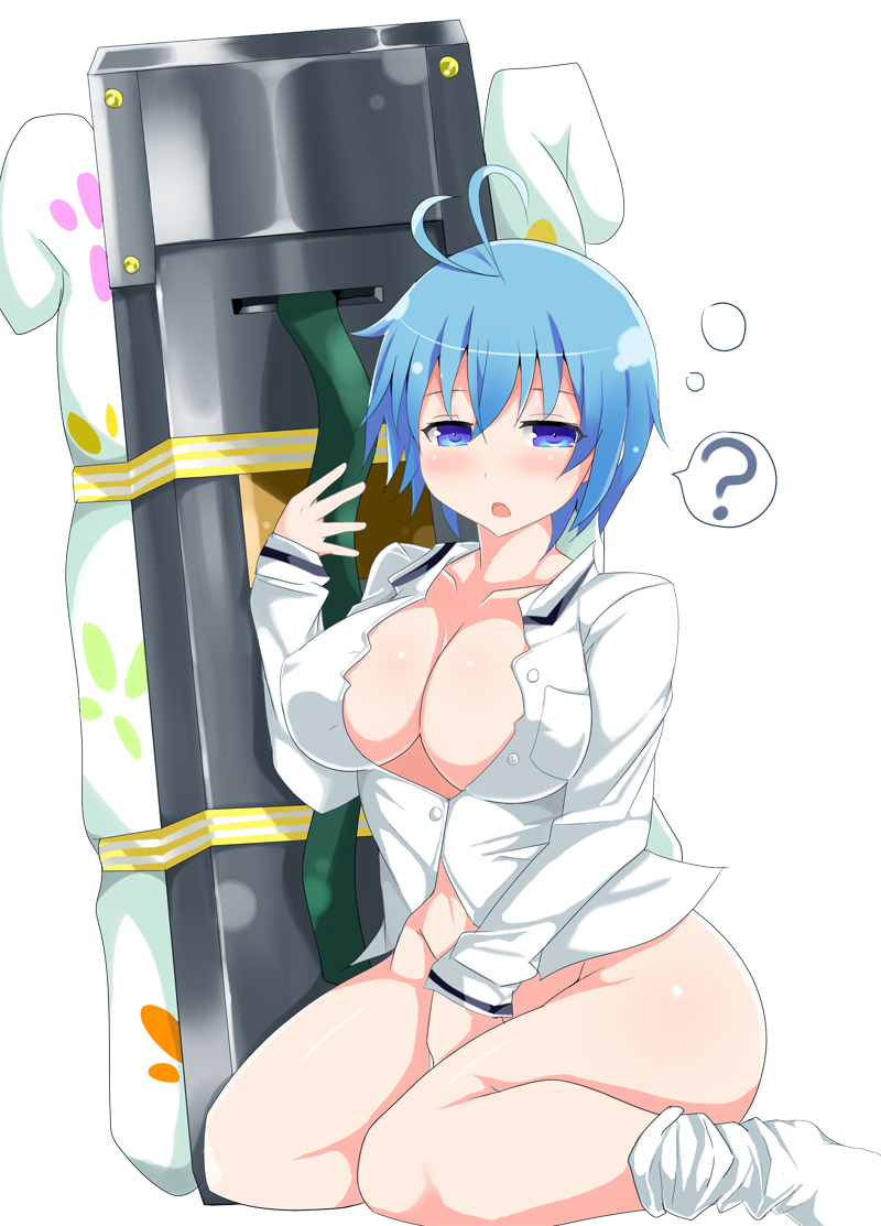 ? antenna_hair between_legs blanket blue_eyes blue_hair blush bottomless breasts cleavage collarbone dress_shirt hand_between_legs jerryman large_breasts looking_at_viewer open_clothes open_mouth open_shirt rocket_launcher seimei_(senran_kagura) senran_kagura senran_kagura_new_wave shirt short_hair simple_background sitting sleepy socks solo unbuttoned wariza weapon white_background