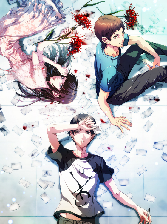 2boys banned_artist blood brown_hair character_request dress expressionless flower from_above long_hair looking_at_viewer lying multiple_boys paper pen shirt sitting smirk spider_lily t-shirt yoshii zoku:_iranai_ko_game_reset