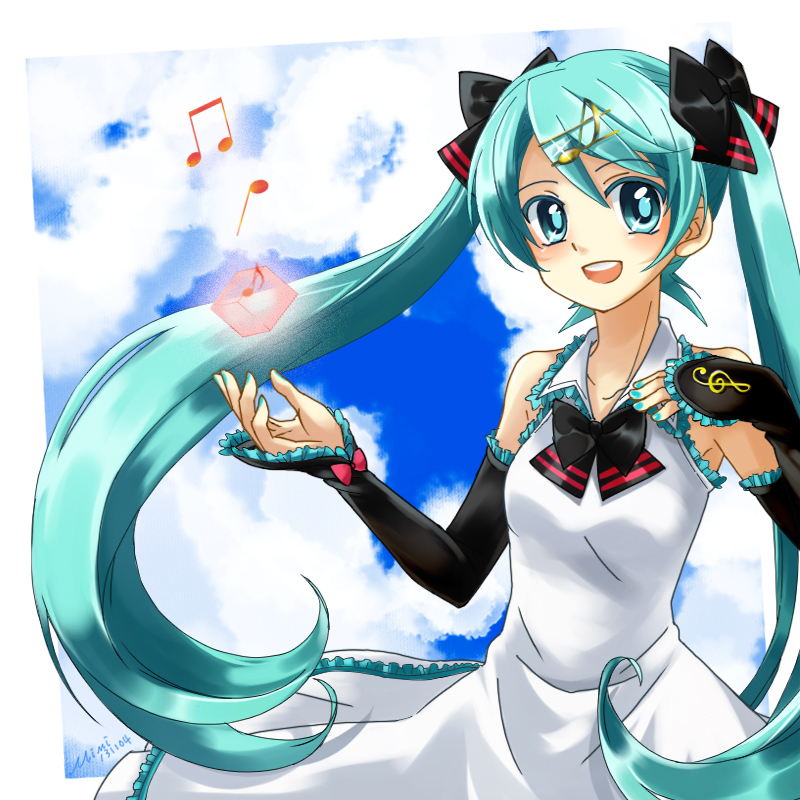 aqua_eyes aqua_hair beamed_eighth_notes cloud detached_sleeves dress eighth_note frills hair_ornament hatsune_miku kao7438 long_hair musical_note musical_note_hair_ornament nail_polish open_mouth quarter_note sky solo twintails very_long_hair vocaloid