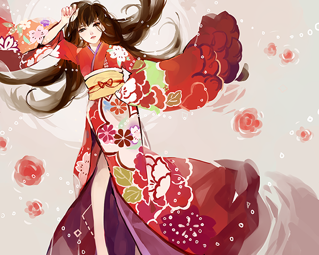 bad_id bad_pixiv_id brown_hair floral_print flower japanese_clothes kaytseki kimono long_hair lying original parted_lips rose side_slit solo water wide_sleeves