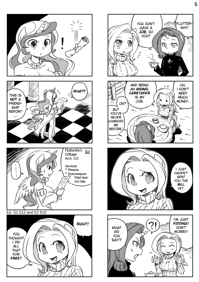 !? ... /\/\/\ 3girls 4koma :o animal_ears black_background breasts celestia_(my_little_pony) checkered checkered_floor closed_eyes comic commentary cup curly_hair detached_sleeves dress english fluttershy flying_sweatdrops from_above furry greyscale horn jewelry large_breasts long_hair monochrome multiple_4koma multiple_girls my_little_pony my_little_pony_friendship_is_magic open_mouth out_of_frame personification rarity ribbed_sweater scroll shepherd0821 sitting smile standing sweater table tail teacup teapot turtleneck unicorn wavy_hair wings