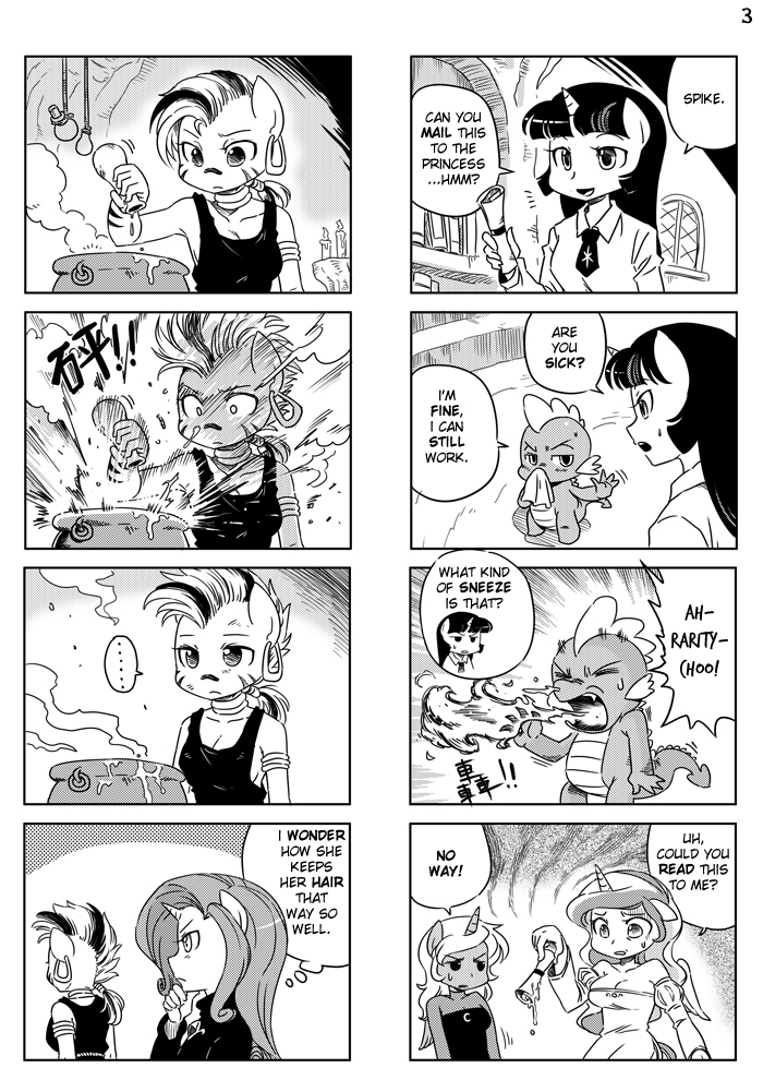 4koma 5girls animal_ears breasts candle celestia_(my_little_pony) cleavage closed_eyes comic commentary constricted_pupils covering_mouth curly_hair dragon earrings english explosion facial_mark fire furry greyscale hand_on_another's_chin handkerchief horn jewelry large_breasts long_hair looking_at_another luna_(my_little_pony) mohawk monochrome multiple_4koma multiple_girls my_little_pony my_little_pony_friendship_is_magic necktie open_mouth personification pot rarity scroll shepherd0821 siblings sisters smoke spike_(my_little_pony) sweatdrop tank_top twilight_sparkle unicorn vial wings zecora