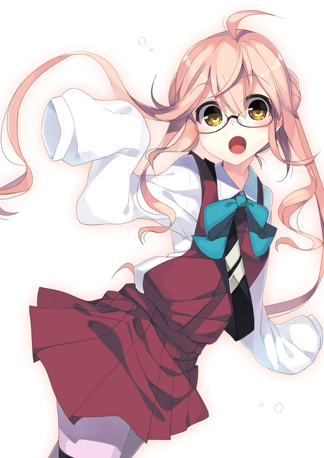 7zu7 :o ahoge glasses kantai_collection long_hair looking_at_viewer makigumo_(kantai_collection) open_mouth pantyhose pink_hair purple_skirt ribbon skirt sleeves_past_fingers sleeves_past_wrists solo yellow_eyes