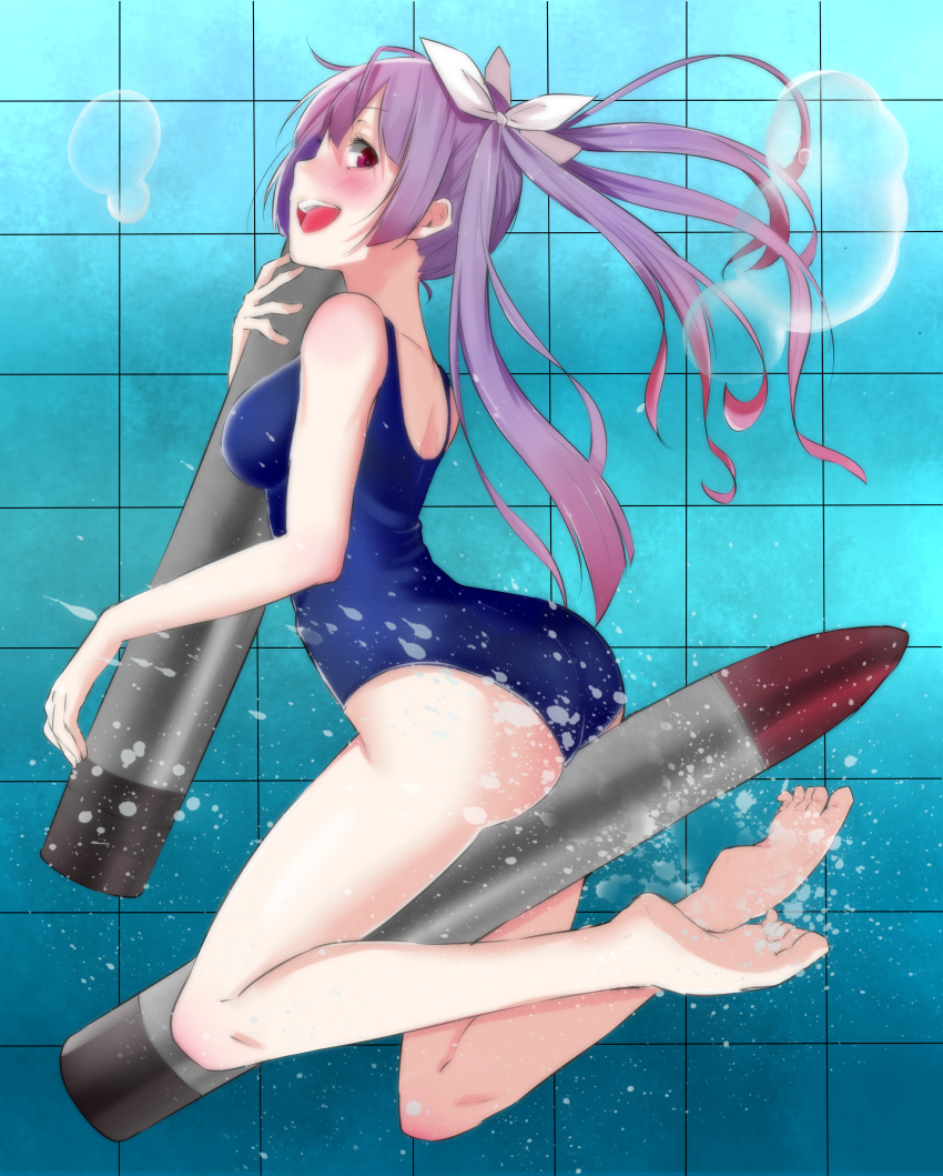 bare_legs blush error holding holding_torpedo i-19_(kantai_collection) kantai_collection mikan_(chipstar182) one-piece_swimsuit purple_hair red_eyes school_swimsuit solo swimsuit torpedo twintails wrong_feet